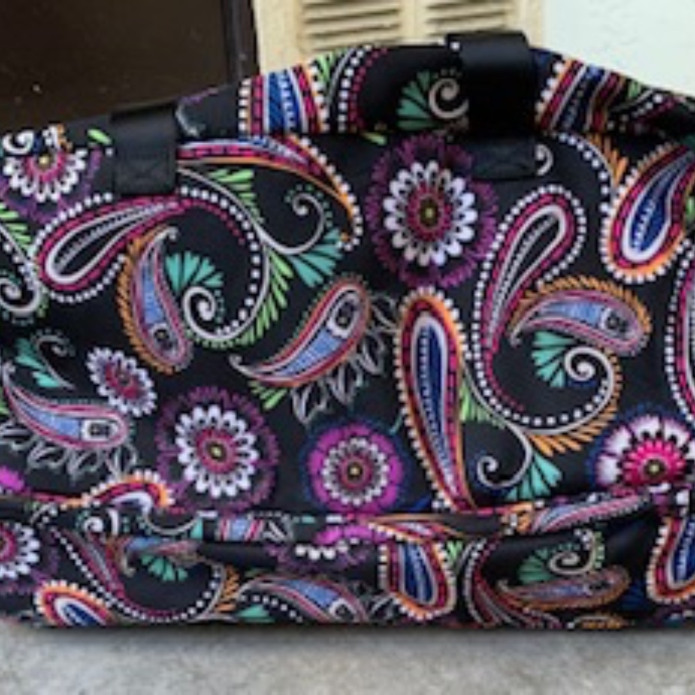 Vera Bradly Luggage: large, 2-compartment duffle on wheels, black paisley